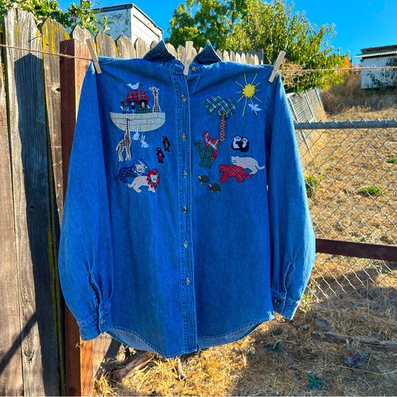 Long Sleeve Button Up Quizz Again & Co. Medium w/ Noah’s Ark Designs 100% Cotton - Picture 1 of 5